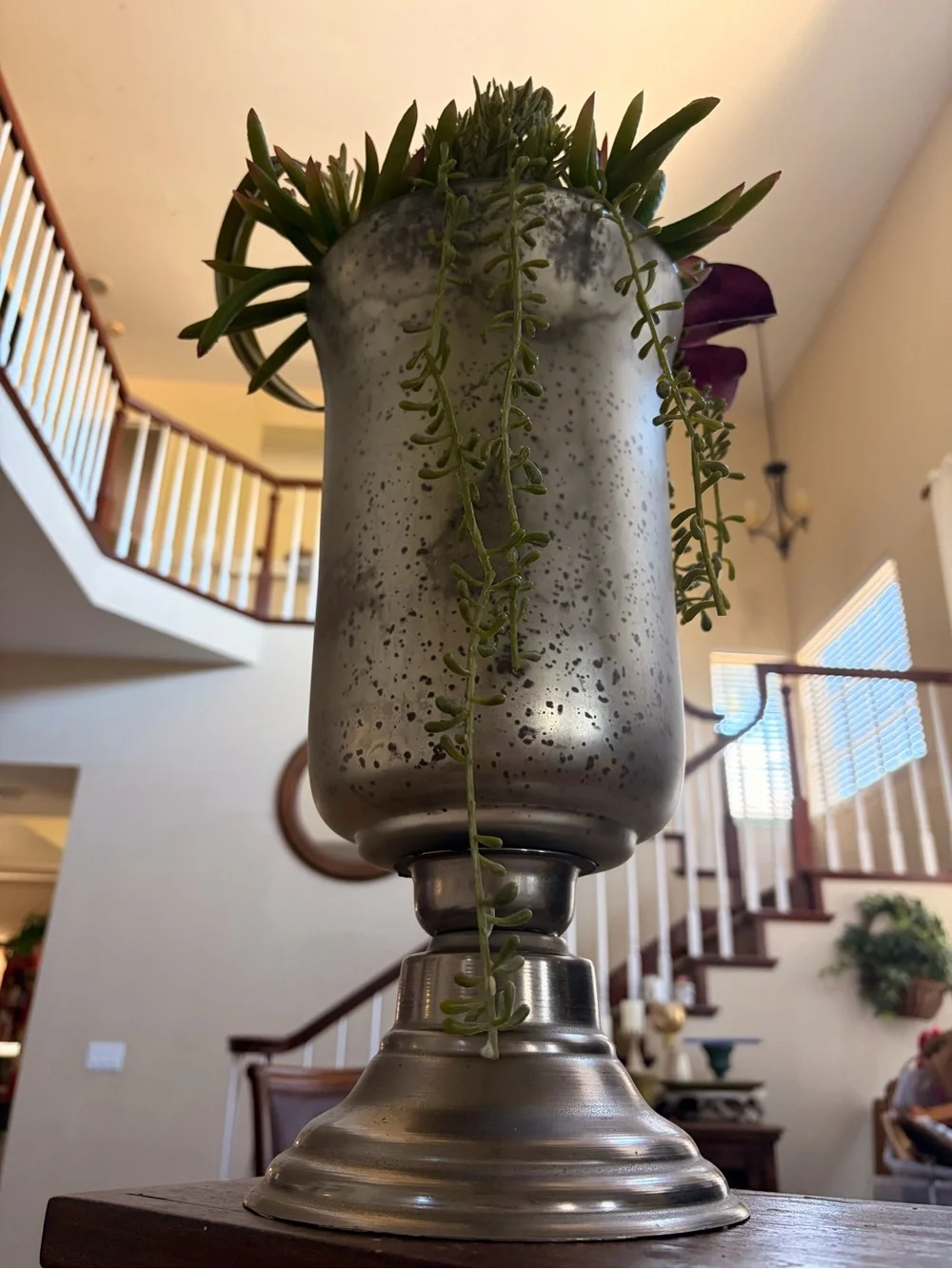 Metallic Silver Decorative Urn Vase with Green Succulent Accents